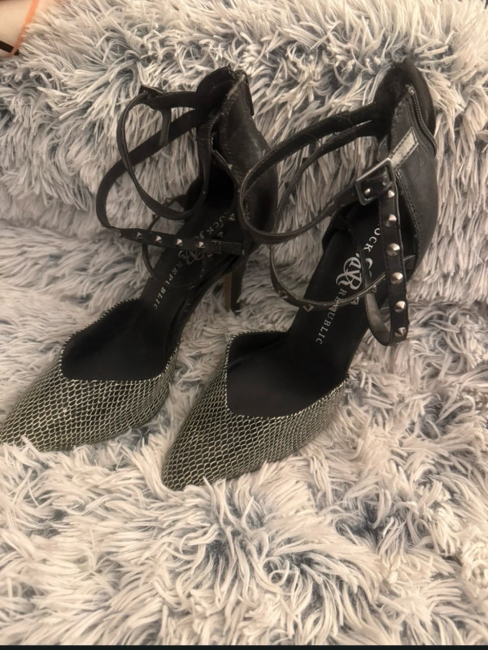 Black and Metallic Pointed Toe Ankle Tie Heels